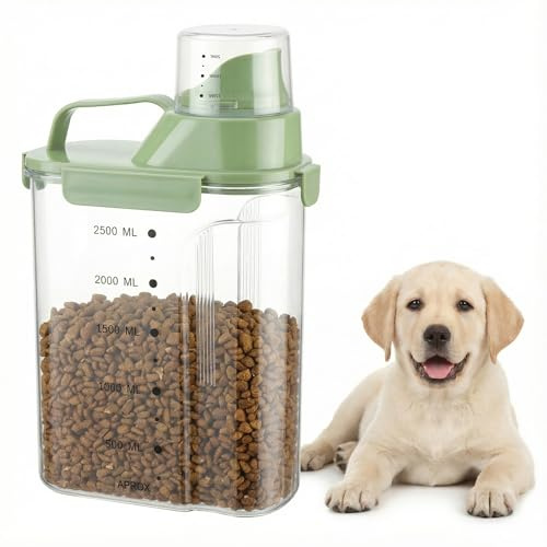 Kryndle Dog Food Storage Container, 2.5L Pet Food Storage Container with Airtight Lid, Portable Handle and Measuring Cup for Dry Kibble of Cats, Dogs, Birds (Green)