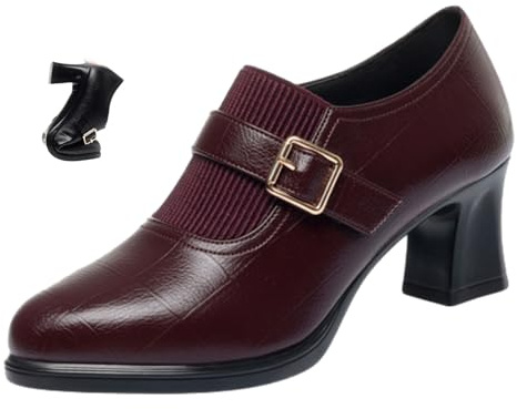 Décolleté da donna in morbida pelle, con tacco a blocco, con fibbia, alla caviglia, comode, eleganti, con tacco basso, per lavoro e tutti i giorni, Rosso vinaccia, 38 EU