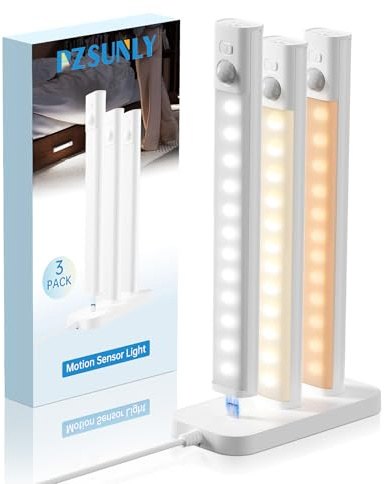 PZSUNLY Luce Armadio LED con Sensore, Luce Sottopensile Cucina Led con Base di Ricarica, 3 Temperature Colore, Dimmerabili, Ultra Luminosi Luci con Sensore di Movimento per Armadio,Corridoio (3 Pezzi)
