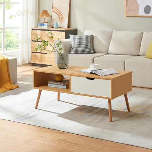 [en.casa] Mesa de Centro Bordkak con Compartimento Abierto y 1 Cajón Mesa de Café Mesa Baja con Tablero Rectangular 4 Patas de Madera Aglomerado 100 x 48 x 45 cm - Efecto Roble/Blanco