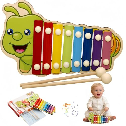 HUANYO Wooden Caterpillar Xylophone for Kids 1+ Years | Musical Toy with 2 Mallets | Colourful & Safe Learning Instrument | Birthday Gift for Toddlers