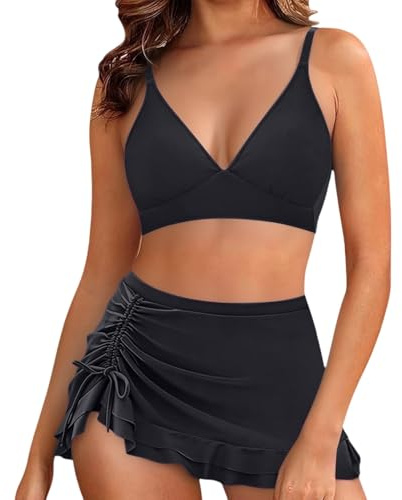 Costume Perizoma - Bikini Donna Due Pezzi con Gonna da Bagno, Top Scollo a V, Slip Vita Alta con Coulisse Laterale e Volant, Costume Mare Spiaggia Piscina Terme in Vacanza