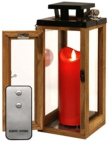 Dekovita 30cm Holz-Laterne - Gartenlaterne inkl. 18cm Outdoor LED Kerze in Rot mit Timer Fernbedienung