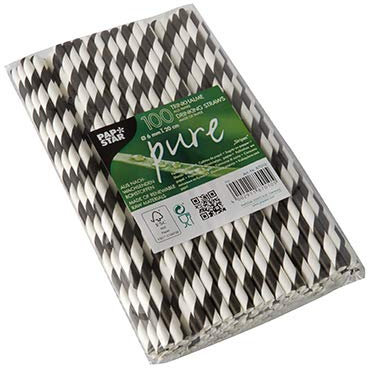 PAPSTAR ́Stripes ́ - Pajitas de papel (200 mm, 1 paquete, 100 unidades), color negro y blanco