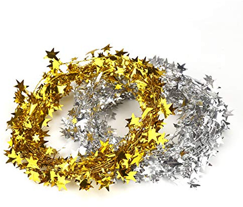 50FT Star Tinsel Garlands with Wire, Christmas Star Wire Garland Decorations for Xmas Tree Home Wedding Birtahday Party Festive Ornament, Golden and Silver, 2 Pack