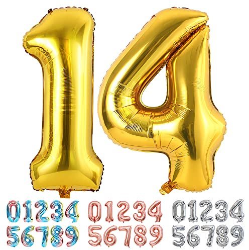 Ponmoo Foil Balloon Number 14/41 Gold, Giant Numbers 0 1 2 3 4 5 6 7 8 9 10-19 20-29 30-39 40-49 50-60-70-80-90-100, Large Balloons for Wedding Anniversary Birthday Party Decoration