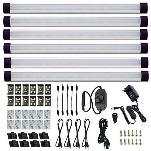 AIBOO Unterbauleuchte Küche LED Dimmbar mit Kabel 6 Stück 28cm Lichtleiste,12V Schrankbeleuchtung LED Leiste mit Schalter und Stecker,Schranklicht Schrankleuchte für Schrank Regal Vitrine(Warmweiß)