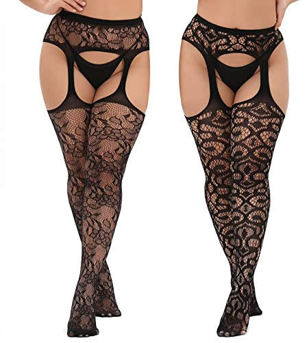 MANZI Women Suspender Tights Plus Size Lace Patterned Garter Stockings Sexy Fishnet Thigh High 2 Pairs