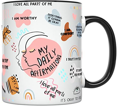 YouNique Designs Daily Affirmations Self Care Mug for Women, 12oz Mental Health Cup, Empowering Women Coffee Mug, Mindfulness Mug, Encouragement Cup for Women (Black Handle)