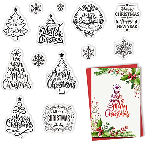 CRASPIRE Christmas Clear Stamps Christmas Tree Greeting Words Happy New Year Silicone Stamp Seal Transparent Silicone Stamps for Christmas Card Making Decoration DIY Scrapbooking Embossing Decor Craft