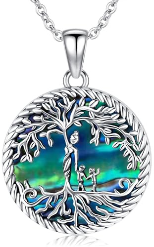 Regalo Dia De La Madre, Collar Plata de Ley 925 Mujer Colgante Arbol de La Vida para Mamá Hija, Collar Madre con Concha de Abalón Joyería Regalos para Mujer Mamá Hermana (D-madre con dos hijos)