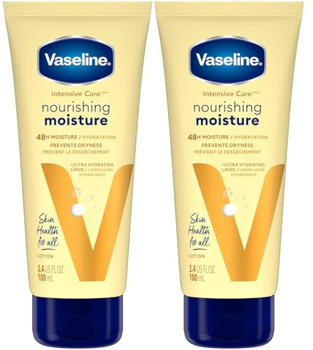 Vaseline Lotion, Intensive Care Nourishing Moisture 2-Pack – Moisturizer with Oat Extract + Ultra-Hydrating Lipids for Healing Extremely Dry Skin, 3.4 Oz Ea