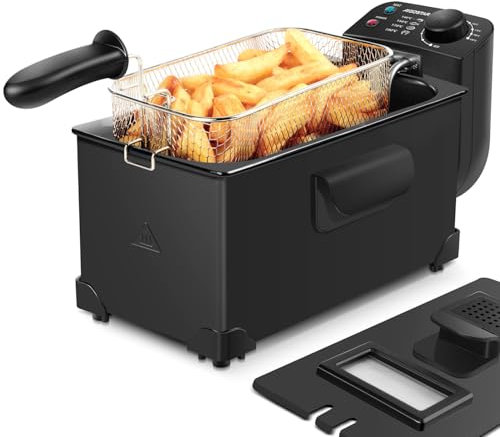 Aigostar Freidora de 3 litros, 2200 watios de potencia y tapa con ventana de visualización, Acero inoxidable de tipo 304 y recipiente totalmente extraíble para vaciado de aceite