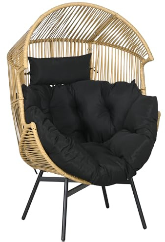 Outsunny Poltrona da Giardino con Poggiatesta e Cuscini per Seduta, Poltrona a Uovo in Rattan e Acciaio, 89x75x143 cm, Nero e Color Sabbia