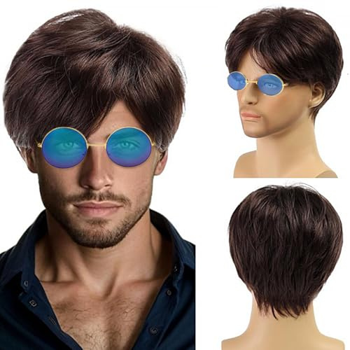 TSHAOUN Parrucca Marrone da Uomo Parrucca da Uomo Sintetica Maschile Sintetica a Onde Naturali a Strati Corti con Frangia Corta con Riga Laterale per anni 70 80 Cosplay Halloween (Marrone)