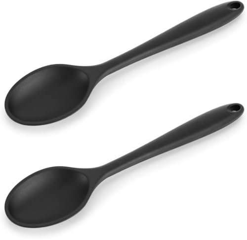 2 Pezzi Cucchiaio Silicone Cucina,Cucchiai di Silicone Antiaderente, Senza BPA, Nero Antiaderente in Silicone, Cucchiaio da Cucina per Mescolare, per Cucinare, Cuocere, Mescolare e Servire