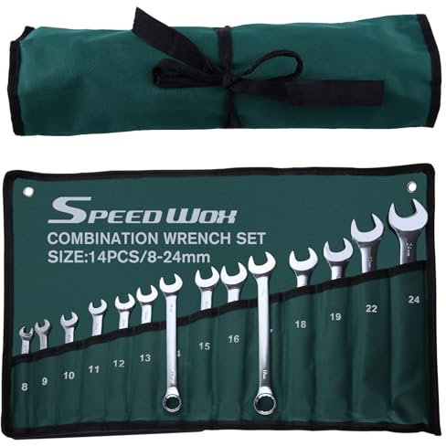SPEEDWOX 14-Piece Essential Metric Combination Wrench Set Metric 8mm to 24mm 12 Point Combination Wrench Sets in Roll-up Pouch for General Household Garage Chrome Vanadium Steel Mirror Chrome Finish