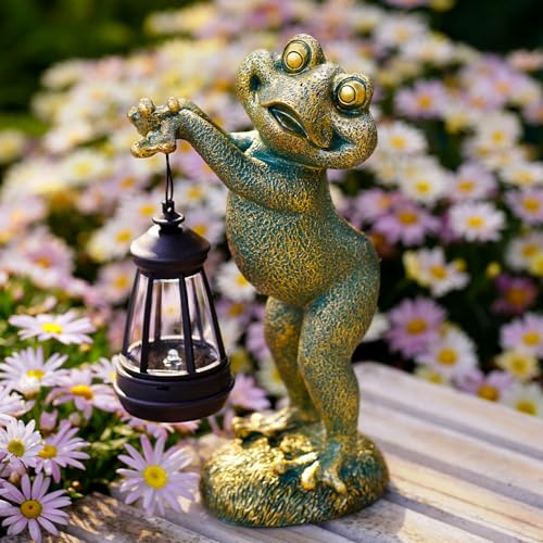 Yeomoo Solar Frog Garden Ornaments with Lantern - Outdoor Figurine Lights for Patio Balcony Lawn Accessories - Housewarming Gifts for Women Men Mum