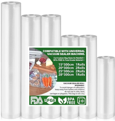 Sac Sous Vide Alimentaire 6 Pack Rouleau Sous Vide Alimentaire 15|20|25|28x300cm, Convient Tous Machine Sous Vide, Sans BPA, Résistant à la déchirure, 190 µm, Sac Congelation Convient Four Micro Onde