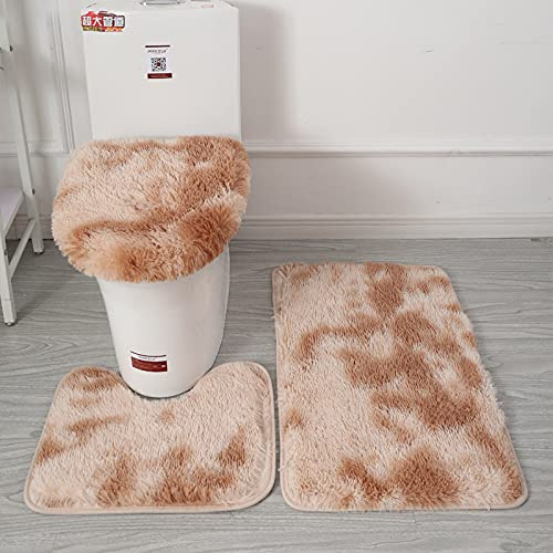 Nvzi 2 juegos de alfombras de pelo largo teñido anudado para inodoro, juego de tres piezas, almohadillas para inodoro, limpiar y reutilizar, absorbente de agua, alfombra de baño para ducha (camello