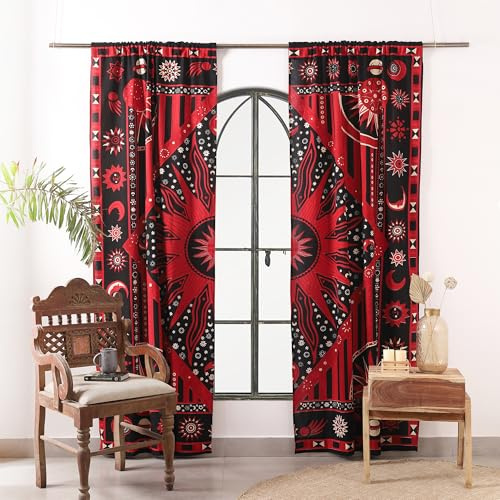 Popular Handicrafts Red Burning Sun Hippie Mandala Curtains 83 Inch Length for Living Room Bedroom 2 Panels Set Light Filtering Semi Sheer Window Curtains 76 Inch Width Boho Farmhouse Drapes W76xL83