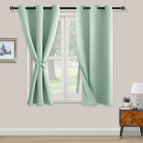 XWZO Blackout Curtains Shades Window Curtain Panels with Tiebacks- Noise Reduction and Thermal Insulated Eyelet Curtains for Bedroom,Living Room,Office,Study Room Bean Green W46xL54