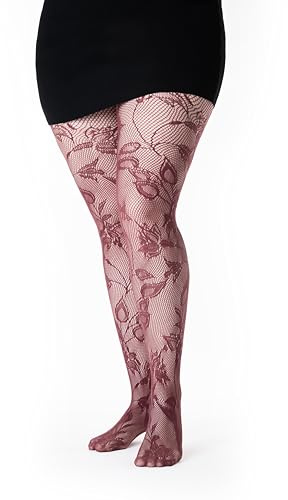 LEELA LAB, Collant Donna Curvy a Rete Effetto Pizzo, Made in Italy, Calze a Rete Taglie Forti, Ideali per Ogni Occasione, Fantasia Floreale, Colore Bordeaux, Taglia 7