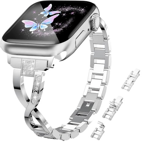 KeHowy Metallarmband för Apple Watch armband 44 mm 45 mm 46 mm 49 mm 42 mm 40 mm 38 mm 41 mm, dam elegant bling strass, ersättningsarmband för iWatch Series 11/10/9/8/7/6/5/4/3/2/1/SE/SE2/SE 3/Ultra/2