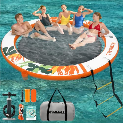 GYMMALL Plataforma Flotante Inflable 240 cm, Isla Flotante para Adultos, Colchoneta Hamaca Acuática con Red Central, con Escalera y Portavasos, para Piscina, Lago y Playa
