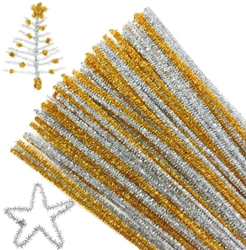 Glitter Pipe Cleaners for Craft 100 Gold & Silver Tinsel Stems 30cm x 6mm