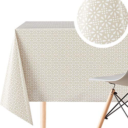 KP HOME Abwischbare PVC Tischdecke, Rechteckig 200 x 140 cm, Wasserdichtes Wachstuch, Esstischdecke, Pflegeleicht Kunststoff Wachstuchtischdecke, Elegante Beige und Creme mit Retro Weißem Blumendruck