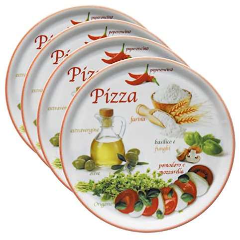 MamboCat 4er Set Pizzateller Napoli Red Ø 32 cm I Servier Platten mit Motiven I Vorspeisenplatten zum Anrichten für Antipasti oder Tomate-Mozzarella I Bunte Porzellanteller für Pizza Pasta & Co