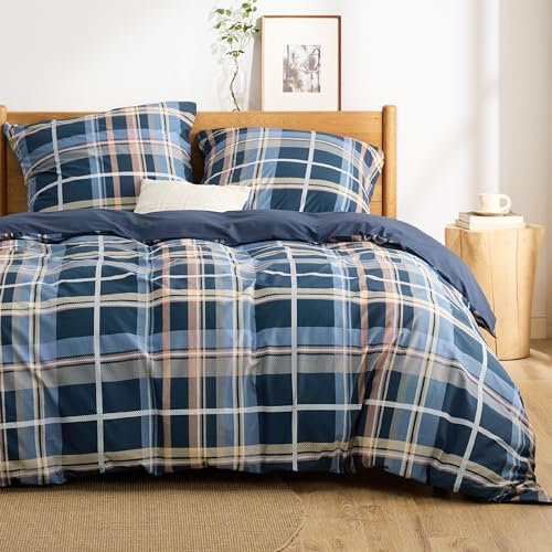 BEDSURE Bettwäsche 200x220 Baumwolle Bettbezug - Bettwäsche-Sets 200 x 220 cm 3teilig mit 2 Kissenbezüge 80x80 cm, ÖKO-TEX Wendebettwäsche Bedding mit Reißverschluss Blau Kariert Muster