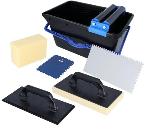 HELPMATE Fliesenwaschset 7-teilig 18 Liter Kunststoff Eimer, Doppelrollenaufsatz, Fliesenwaschbrett, Verfugbrett, Glättekelle, Schwamm Made in Germany, 44,5x28x23,2 cm