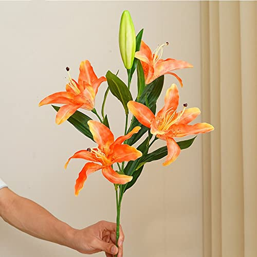 Ramo de Flores Artificiales de Seda de 5 Cabezas, Ramo de Lirios Falsos de 75 cm de Largo, Ramo Creativo DIY como Regalo para Amigos, decoración para Sala de Estar, Naranja