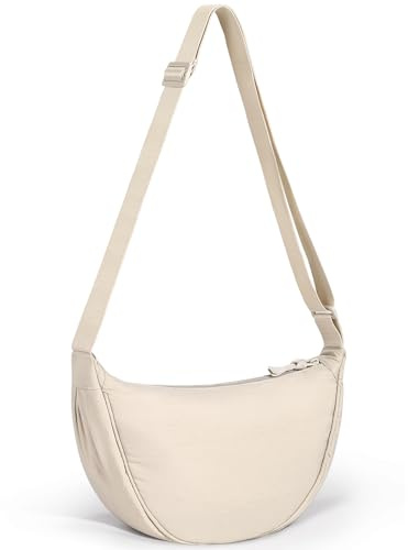 Yuson Girl Bolso Cruzado para Mujer Media Luna Bolso de Hombro Pequeña Nailon Crossbody Bag Bolso Hobo Impermeables Color Sólido Bandolera para Viaje, Compras, Escuela, Oficina(Beige)