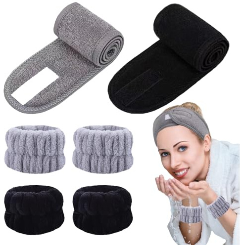 KEYRI 6 Pezzi Fascia e Polsini Skincare, Fascia Capelli Donna Fascia per Capelli Trucco Regolabile Elasticità Spa Fascia con Magic Tape per Lavare Il Viso Trucco Doccia Massaggi e Sport (Nero+Grigio)
