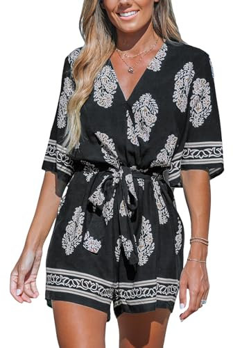 CUPSHE Women's Romper Short Sleeve Surplice Neck Wide-Leg Overall Waist Tie Outfit Casual Dressy Jumpsuits Playsuit Black M