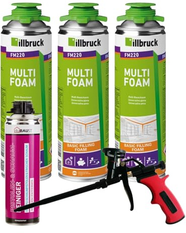 FM220 Lot de 3 mousses de construction, de montage, pour pistolet, multi-usage, pour fenêtre, haute isolation acoustique, isolation thermique, 500 ml (avec nettoyant AA290 + pistolet à mousse Business