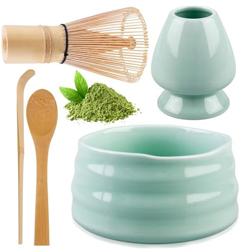 Matcha Tee Set, Matcha Besen Set mit Matcha-Schneebesen, Besenhalter, Matcha Schale aus Keramik, 2 Teelöffel, Japanisches Zubehör für die Matcha-Zeremonie, Perfekte Set für die Zubereitung