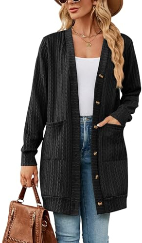 Atxnn Cárdigan Mujer con Cuello V Chaqueta de Punto Delantera Abierta Suéteres con Botones y Bolsillos Jersey Cárdigans Elegante Rebeca Otoño Invierno, Negro XL