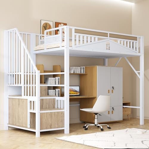 Merax Metall-Hochbett 90 x 200 cm, multifunktionales Hochbett mit 1 Schlafplatz, Schrank und Leiter für Lagerung, weiß (ohne Matratze und Kleiderschrank)