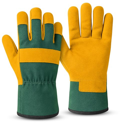 KEPLIN Gardening Gloves Pair for Men & Women – Premium Cowhide Leather and Fabric, Thorn & Puncture Resistant, Breathable & Durable Work Gloves for Gardening, Farming & DIY – Medium 25cm, Yellow&Green