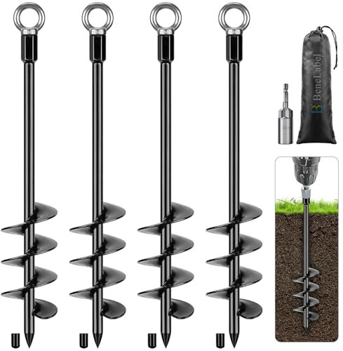 BeneLabel Tent Peg Heavy Duty, 47cm Ground Anchor Screw Trampoline Stake 4pcs Metal Earth Sand Spiral Wind Storm Spike for Swing/Camping/Shed/Dog/Carport/Canopy with Fixed Ring, Black