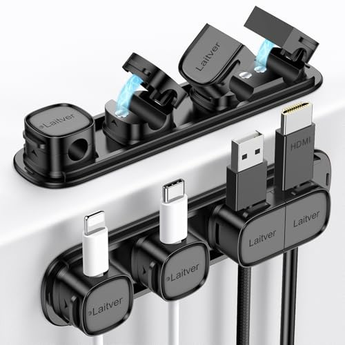 Cable Clips Holders - Laitver 6 Pack [Magnetic Buckle 1s Open/Lock] Cable Tidy Cord Organiser Management, No-Residue Strong Adhesive Desk Wire Charging Cords Keeper for Home, Office- Black