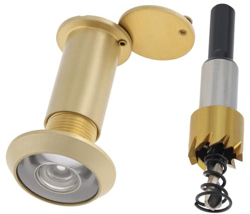 HOJLKLD Door Viewer Peephole,200 Degree Solid Brass Peephole with 16 MM Titanium Plating Drill Bit for 1-3/8 to 2-1/6 Doors,5/8 Inch Pipe Diameter Door Eye Viewer with Privacy Cover (Satin Gold)