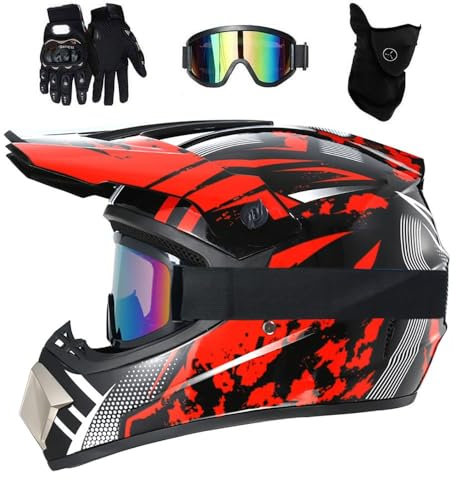 Gioventù Bambini Casco da Motocross, con Occhiali Guanti Maschera, Unisex Comodo Integrale Fuoristrada ATV Scooter Moto Caschi, Discesa Enduro BMX MTB Dirt Bike Incidente Casco(Red,L/56-57CM)