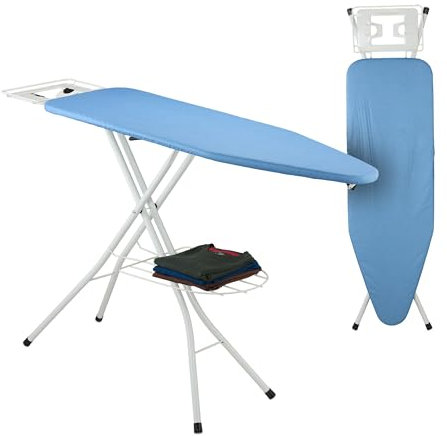 Relaxdays Bügelbrett für Dampfbügeleisen, 120 x 38 cm, höhenverstellbar, klappbar, Kleiderablage, Bügeltisch, blau