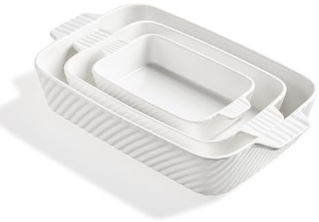 Sweejar Ceramic Baking Dish Set, Cake Baking Dish for Brownie, Porcelain Striped Casserole Dishes for Oven with Handle for Lasagna, Family Dinner(White)