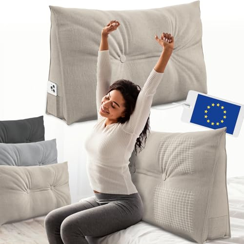 ELONEO Rückenkissen 90 cm breit, Keilkissen für Bett und Sofa geeignet, dreieckiges Lesekissen, Kissen mit abnehmbarem und waschbarem Bezug, mit praktischem Seitenfach